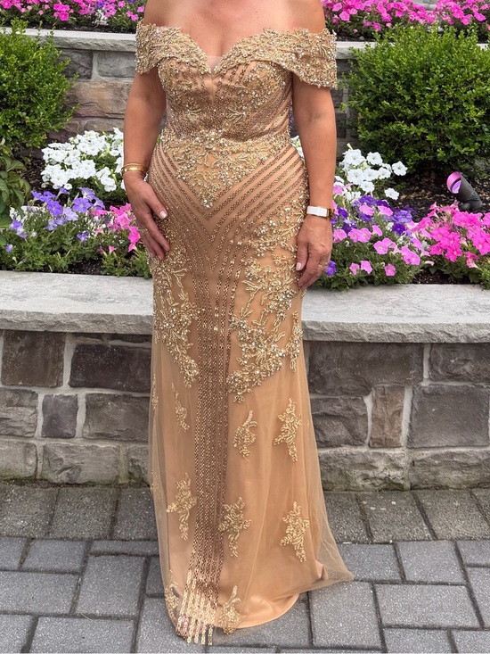 Dresses & Skirts - Elegant Off-Shoulder Gold Embellished Evening Gown